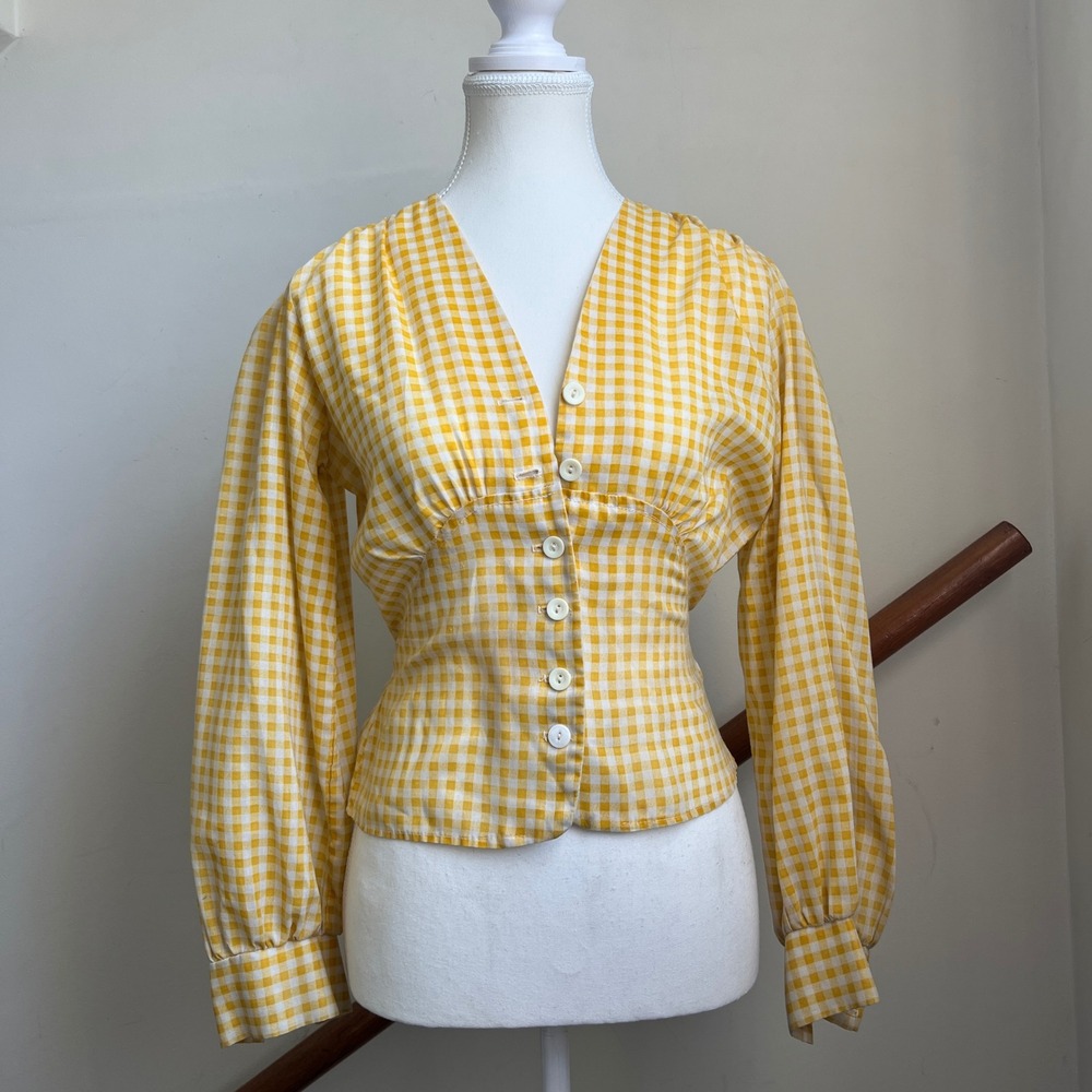 Vintage 70s Yellow Gingham Button Front Top Small Yellow White Puff Sleeve Boho